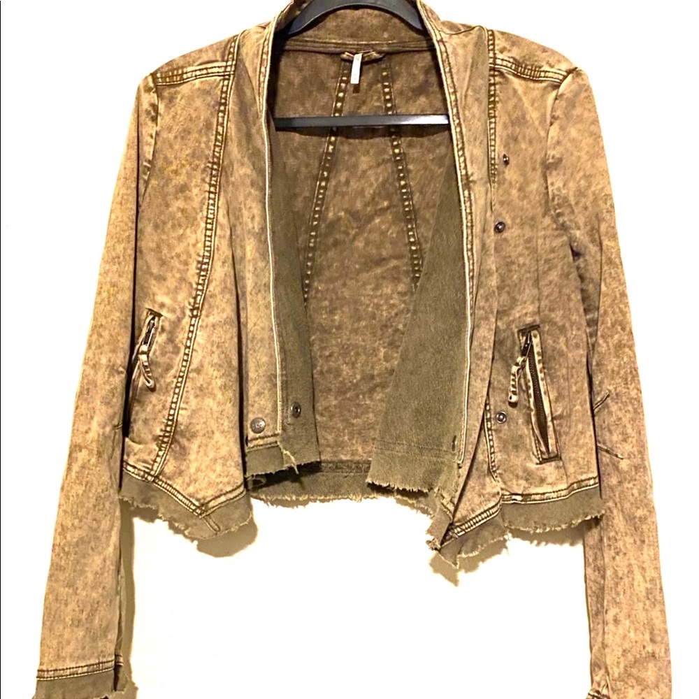 FREE PEOPLE Taupe Acid Wash Denim Moto Jacket